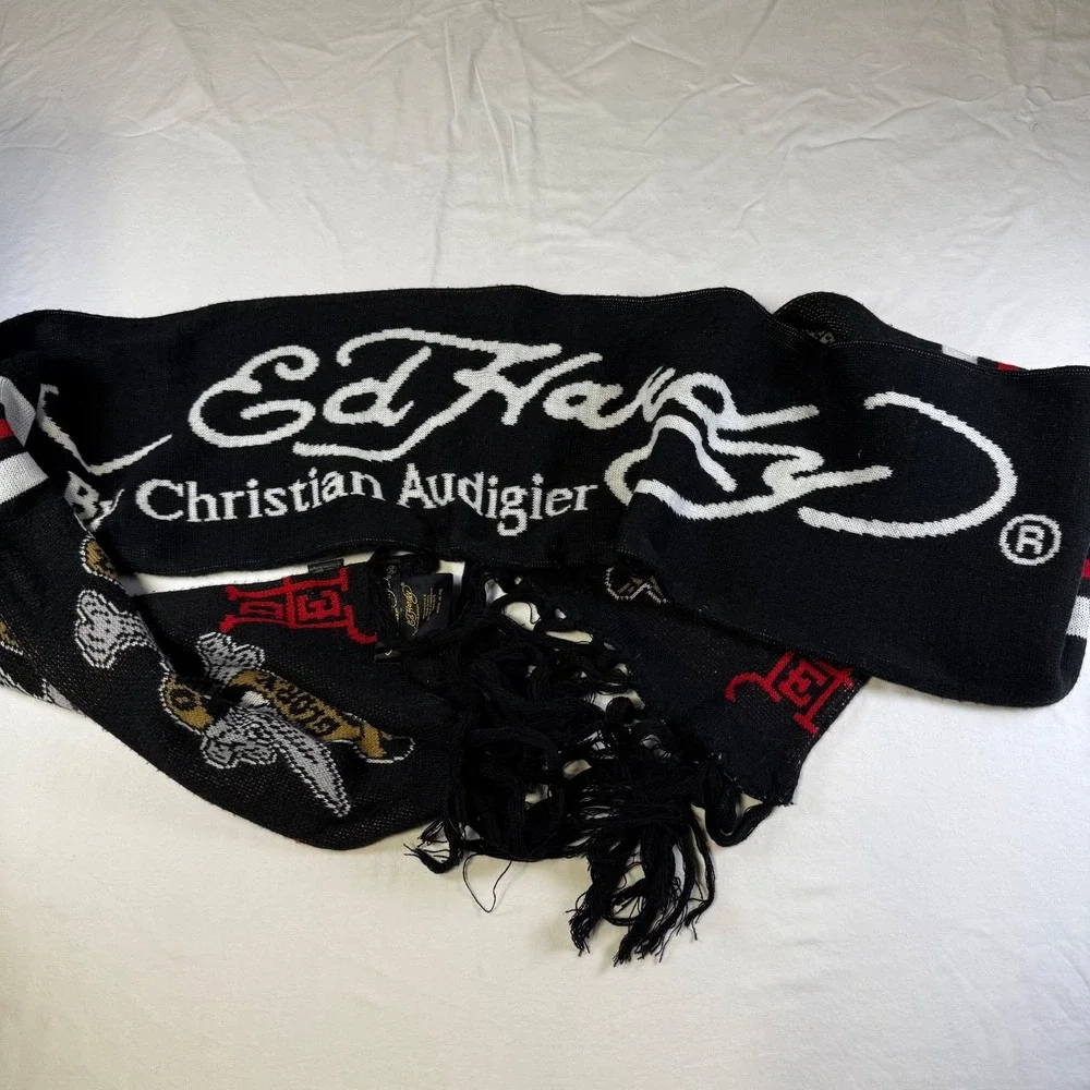 Y2k Ed Hardy by Christian Audigier Knit Scarf Death Or Glory Skull Dagger Fringe